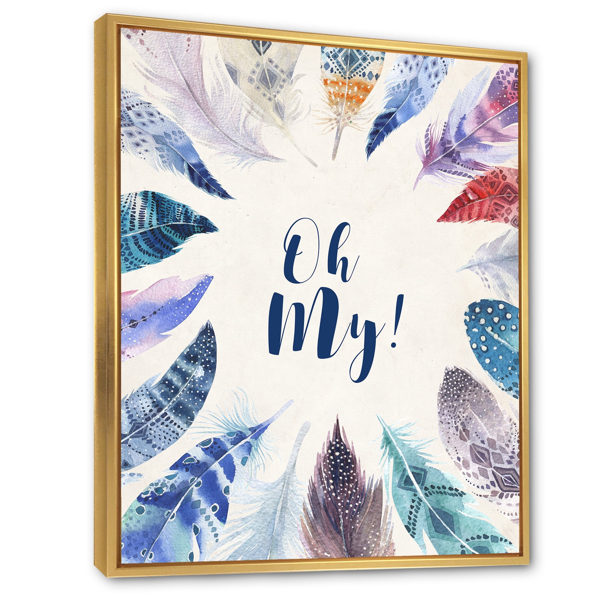 Designart 'Vital Blue Feathers Oh My' Bohemian & Eclectic Framed Canvas Wall Art Print