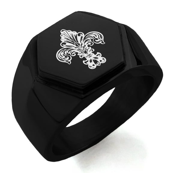 Stainless Steel Royal Fleur De Lis Engraved Hexagon Crest Flat Top Biker Style Polished Ring