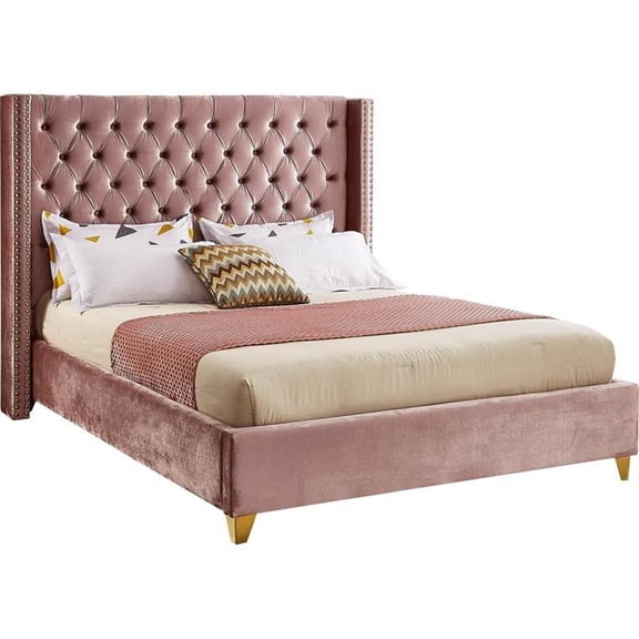 Maklaine Contemporary Upholstery Pink Velvet King Bed