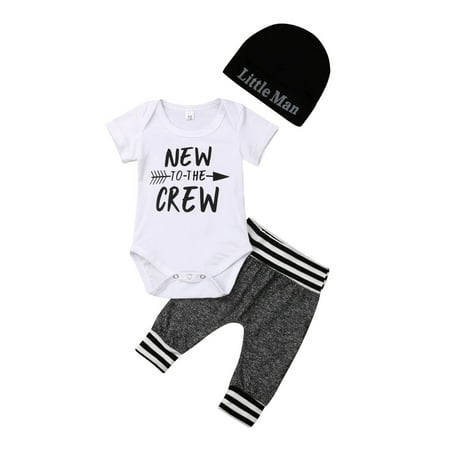 

Fanvereka Newborn Baby Boy Letter Print Romper Tops + Pants + Hat Outfits Set