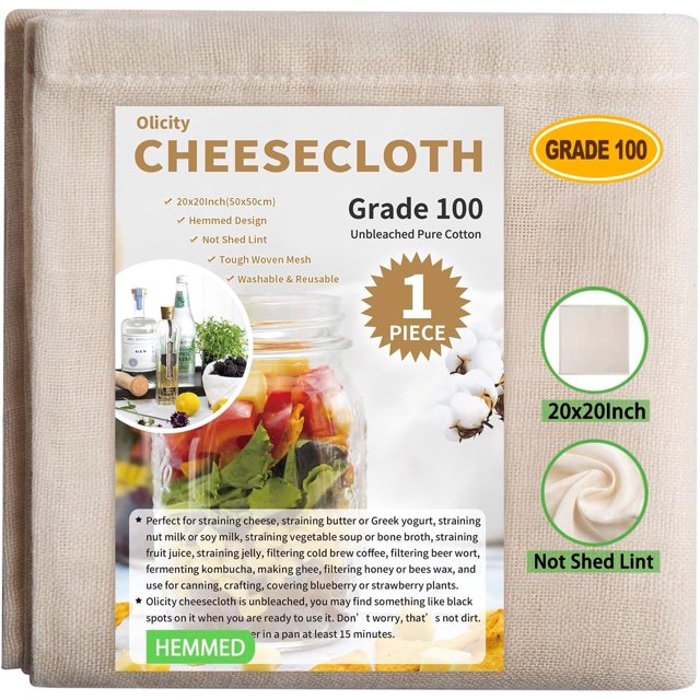 Olicity Paños de queso con dobladillo, grado 100, 20 x 20 pulgadas, colador de tela de queso de muselina precortada 100% sin blanquear para cocinar, hornear, hacer jugo, hacer queso - 6 piezas