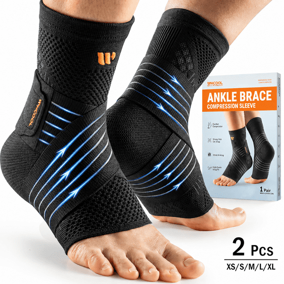WHCOOL Ankle Brace Compression Sleeve for Men & Women,Pair,L,Black