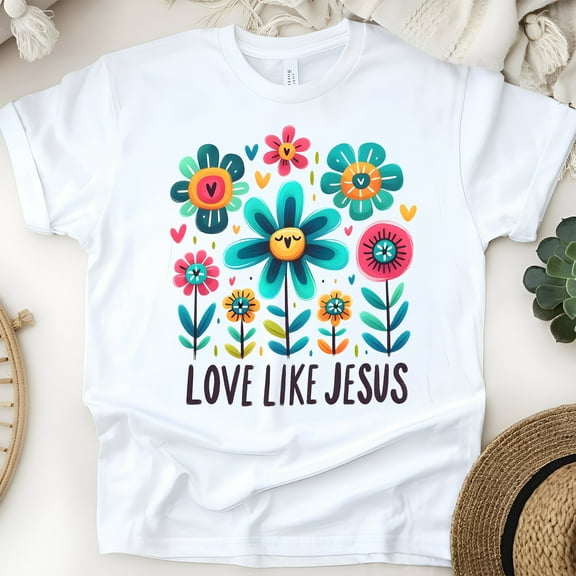 Love Like Jesus T-Shirt for Women, Christian Floral Graphic Tee, White, Size S
