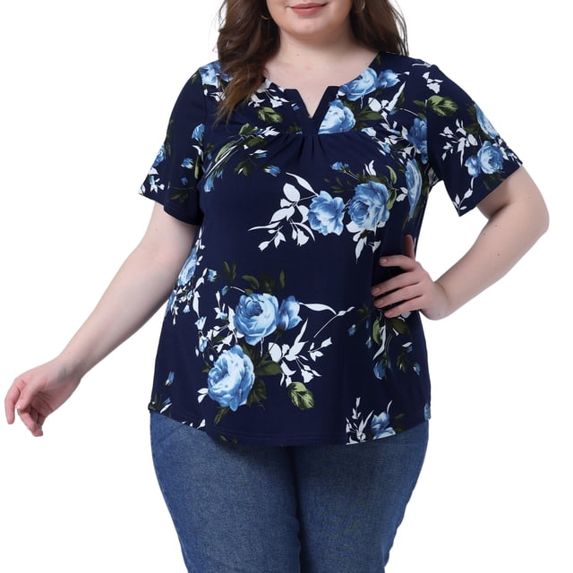 Blusa de mujer de tallas grandes Agnes Orinda, con cuello en V, estampado floral, de manga corta, top casual 4X azul marino