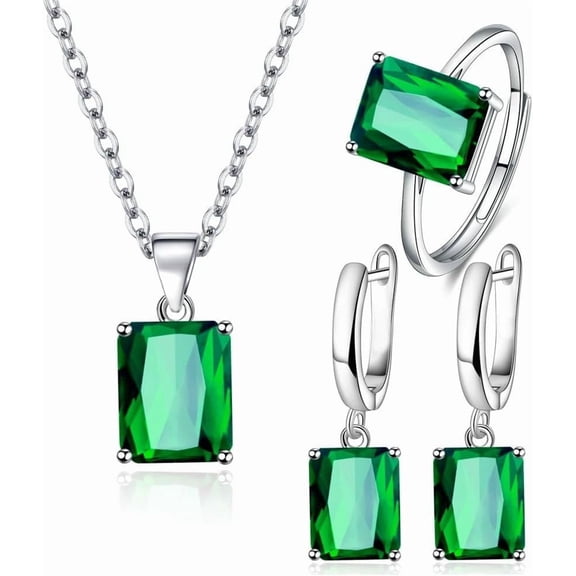 Silver Fine Plated Emerald Cut Cubic Zirconia Jewelryset Pendant Necklace Earring Variable Ring Sets Fashion Party Birthday Jewelry For Women Mum Lover[x669]
