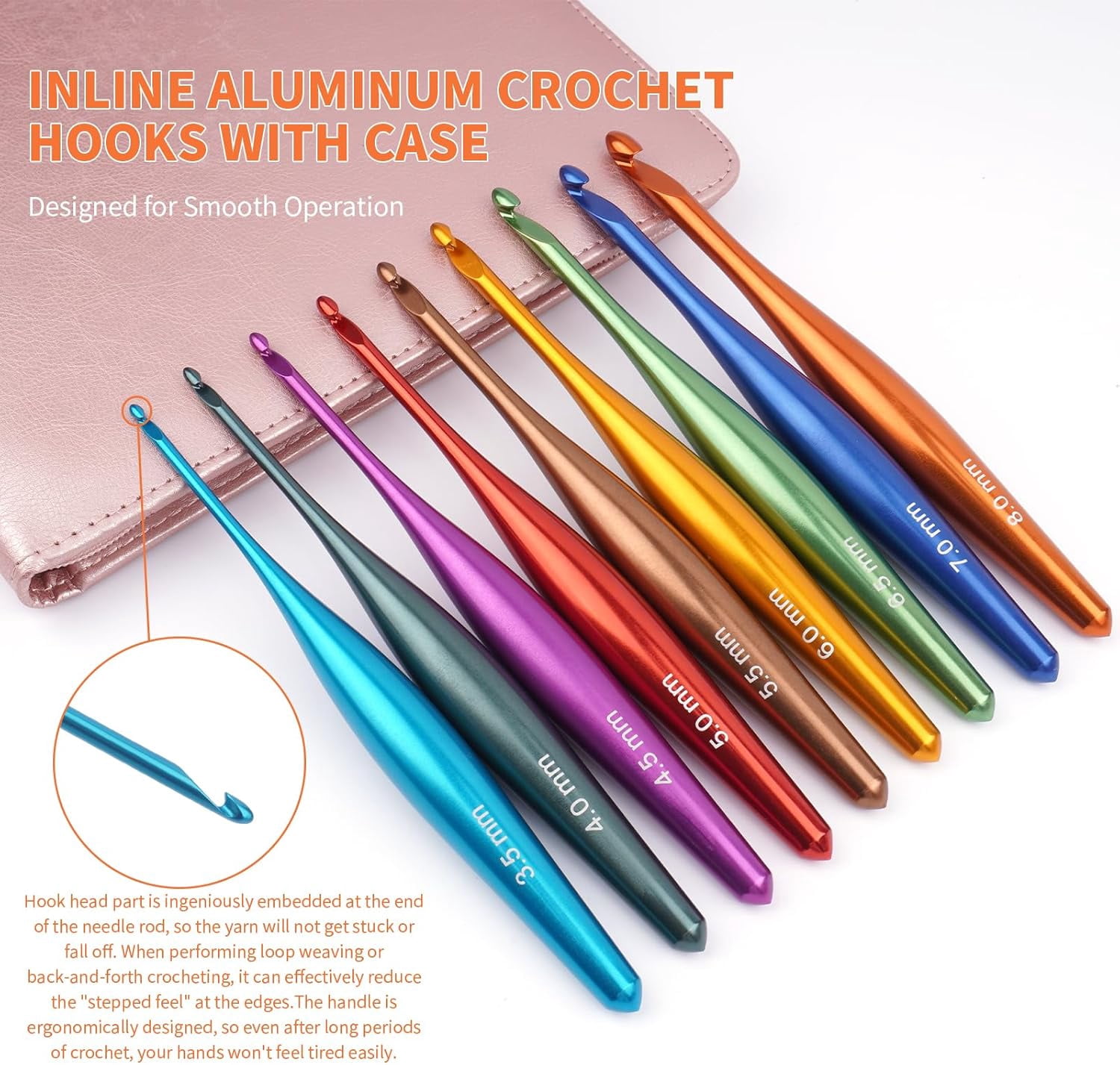 Inline Crochet Hook Set Ergonomic Aluminum Hooks with Case for Arthritic Hands,Crcohet Gift Beginner(3.5mm-8mm)