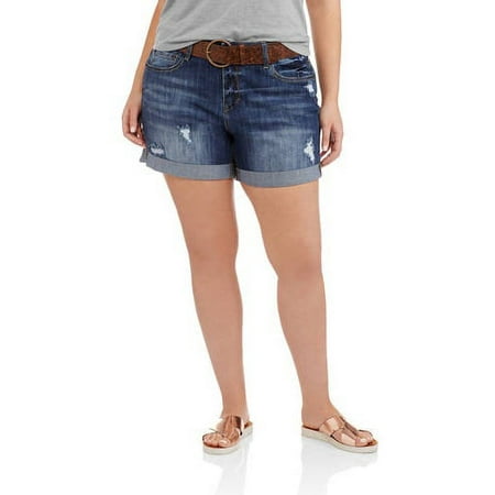 Juniors Plus Belted Cuffed Destroyed Short