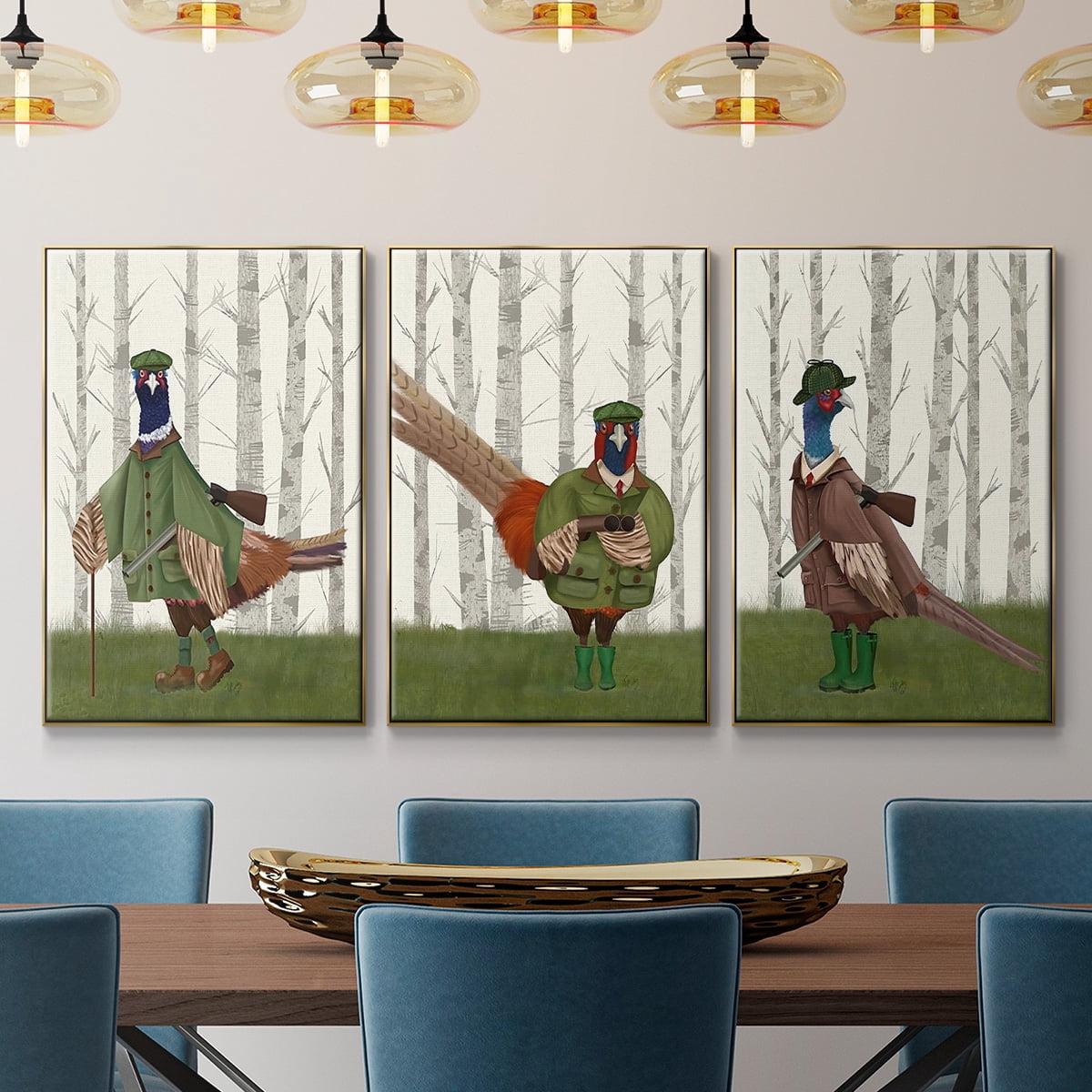 Pheasant Shooting Party 5 - Framed Premium Gallery Wrapped Canvas L Frame 3 Piece Set - Ready to Hang