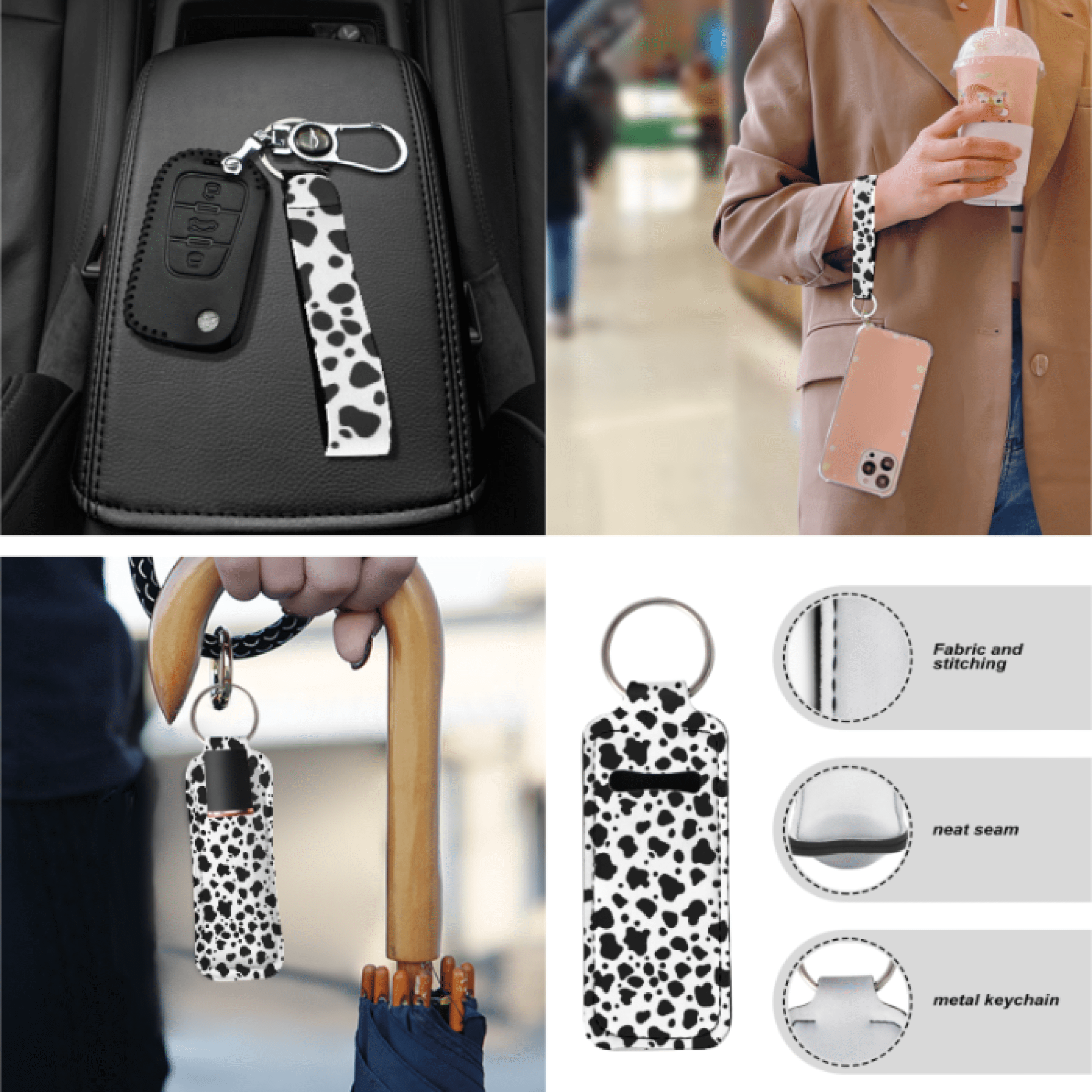 Binienty Black and White Spots Car Seat Cover Full Set, with Keychain Key Ring Car Front Rear Seat Covers Cup Holder Coasters Steering Wheel Cover