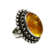 Real 925 Sterling Silver Cocktail Ring for Men Women, Genuine Amber Gemstone Finger Ring, Handmade Ethnic Design Filigree, Fashion Jewelry for Gifts, Size 8