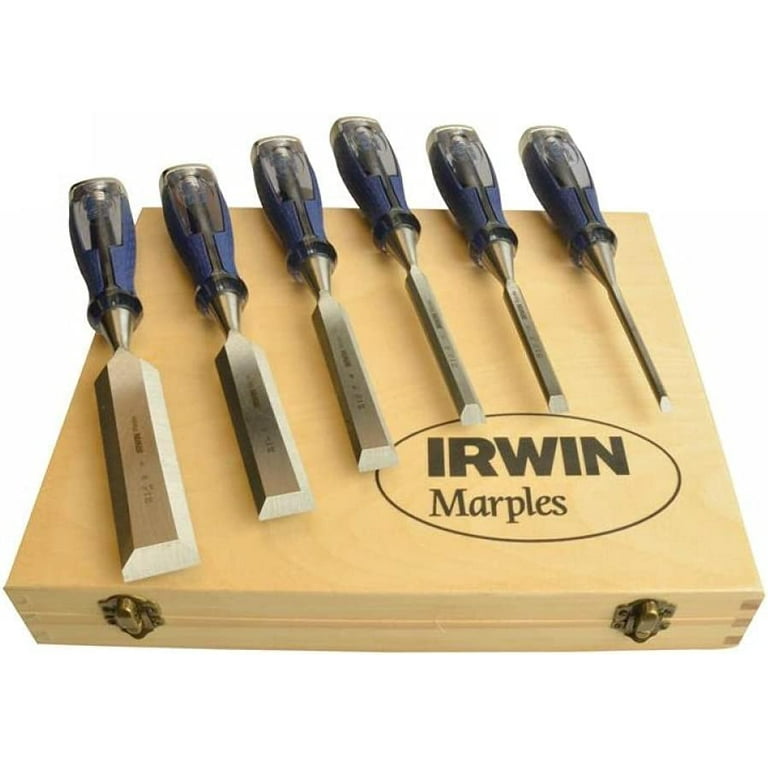 Set of bevel edge chisels in wooden box