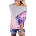 thumbnail image 1 of Camiseta informal holgada de contraste de empalme con estampado de cuello de una línea para mujer, camiseta de manga larga con hombros inclinados/camisa Pompotops FGAJ20301, 1 of 9