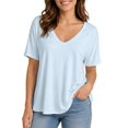 thumbnail image 3 of HuangHuanChen Women's Short Sleeve T Shirt V Neck Oversized Tshirt for Women Casual Loose Fit Basic Tee Solid Color Tshirt Shirt Light Blue S, 3 of 6