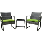 Alder 3-Piece Patio Metal Rattan Furniture Set -2 Attractive & Light Weight Chairs With a Stylish & Sturdy Glass Coffee Table - Green