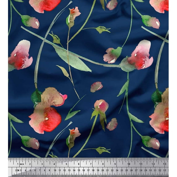 Soimoi Blue Silk Fabric Leaves & Floral Watercolor Print Fabric by The Yard 42 Inch Wide
