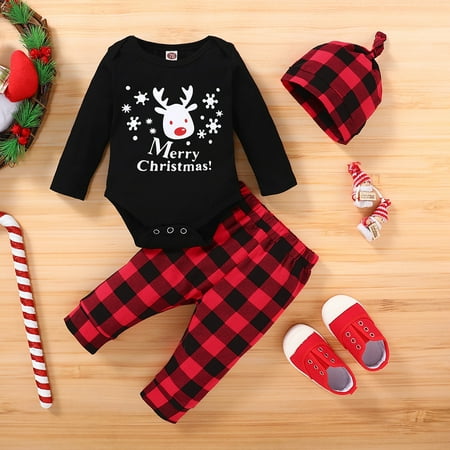 

Leutsin Newborn Infant Baby Girls Boys Christmas Cartoon Print Romper Jumpsuit+Pants Set