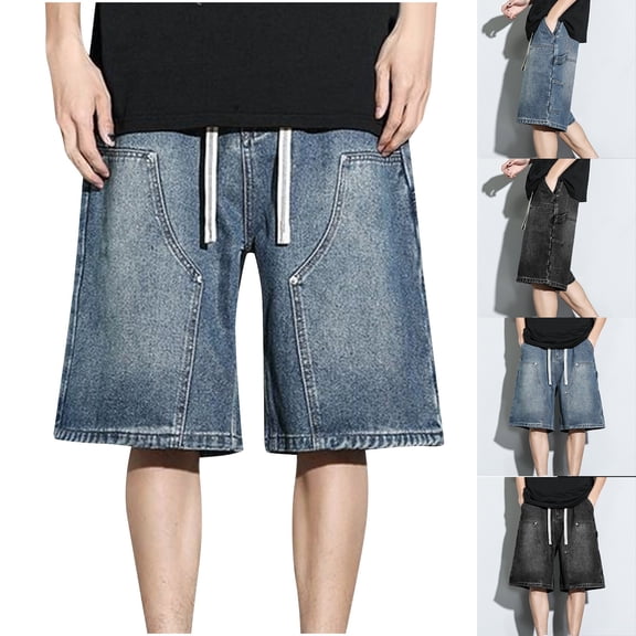 FNFYFH Jean Shorts for Men Drawstring Y2K Denim Shorts Vintage Acid Wash Streetwear Baggy Summer Jorts