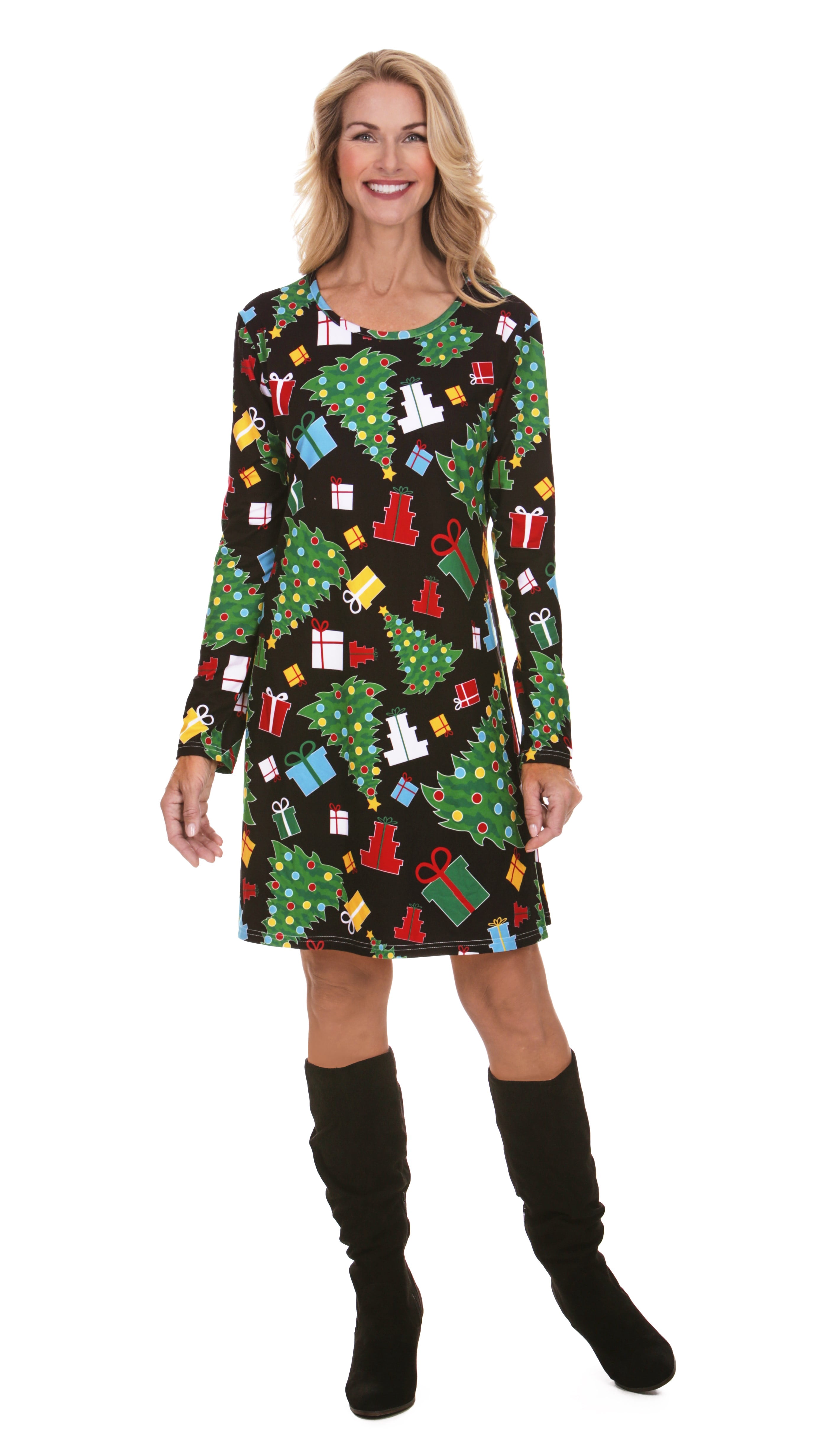 Women's Christmas Print Long Sleeve Dress - Holiday Party Outfit - Tree - S  - Walmart.com