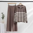 thumbnail image 4 of Annhoo 2 Piece Knit Outfits for Women Fall Lapel Long Sleeve Striped Tops and Straight Leg Trousers Comfy Sets, 4 of 4