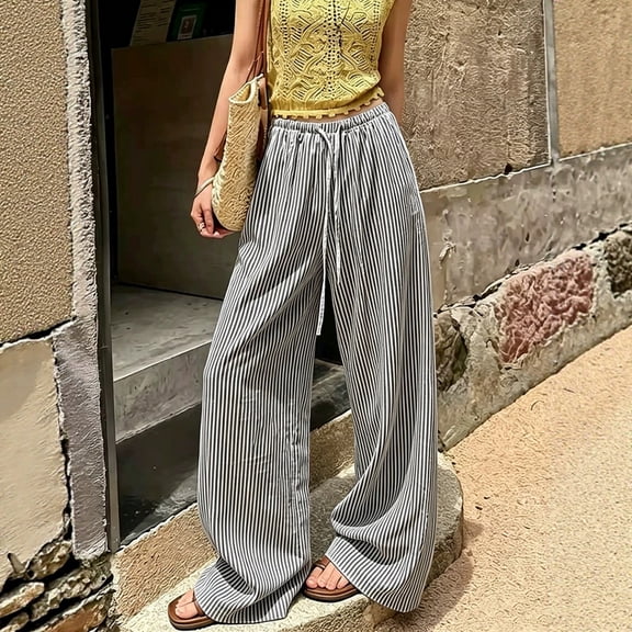 Women's Pinstripe Linen Palazzo Pants Elastic Drawstring High Waist Flowy Wide Leg Loose Summer Beach Trousers With Pockets Black S