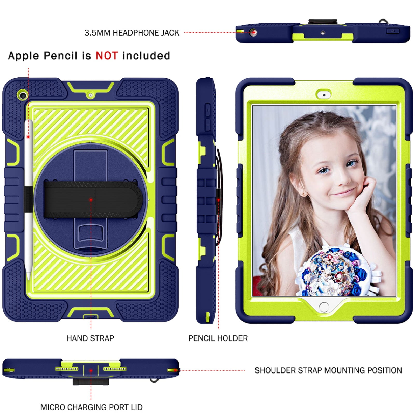 ELEHOLD Rugged Case For Apple iPad 11th(A16) 2025 Three-Layer Hybrid Muti-Functional Case with 360° Rotating Kickstand Pencil Holder Handstrap Shoulder Strap Shockproof Case ,A