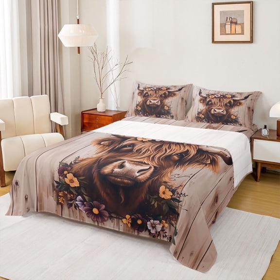 jejeloiu Retro Rustic Cow Twin Sheet Sets,Multicolor Flower Floral Twin Fitted Sheet,Country Farmhouse Locge Flat Sheet For Boys Kids,Luxury Bedroom Decor,3 Pieces