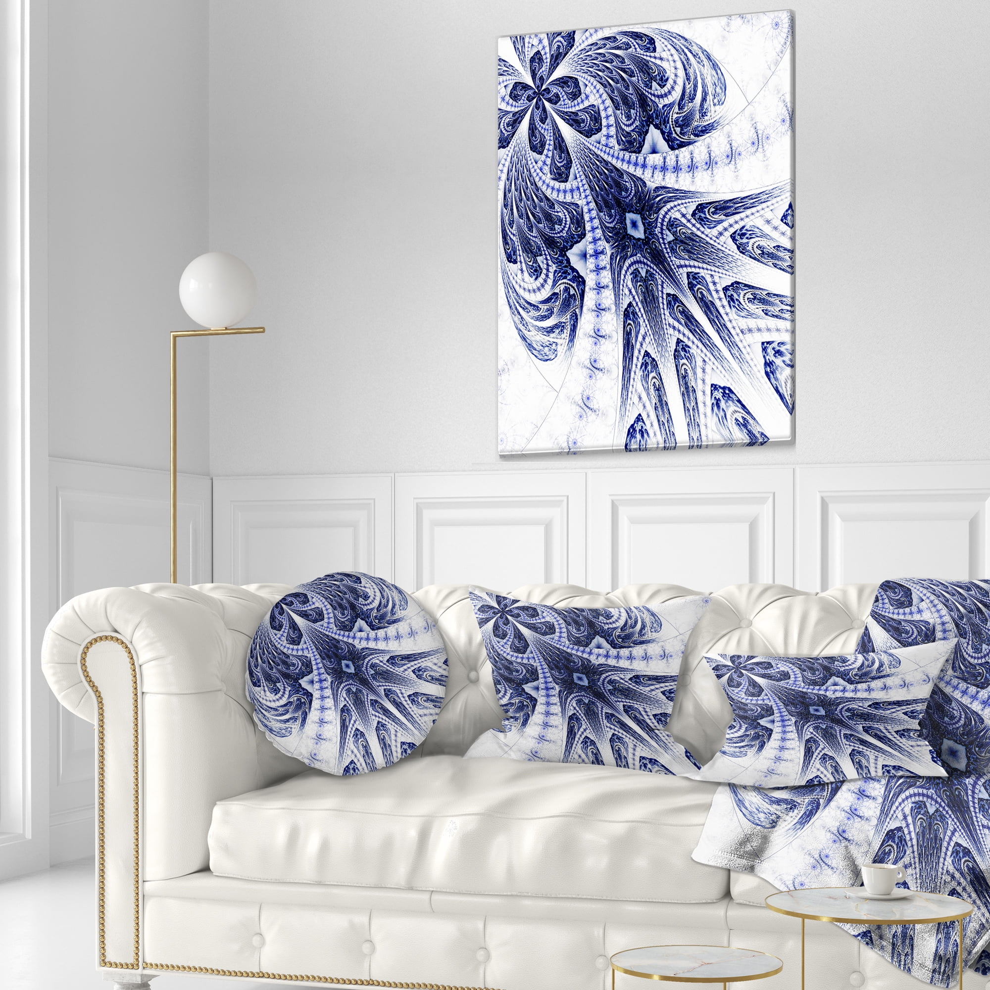 Designart Symmetrical Dark Blue Fractal Flower - Floral Throw Pillow - 12x20