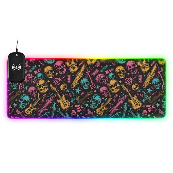 Wireless Charging Mouse Pad Large RGB Gaming Desk Mat 13 Light Modes Mousepad 31.5x11.8 Neon Guitar and Skull