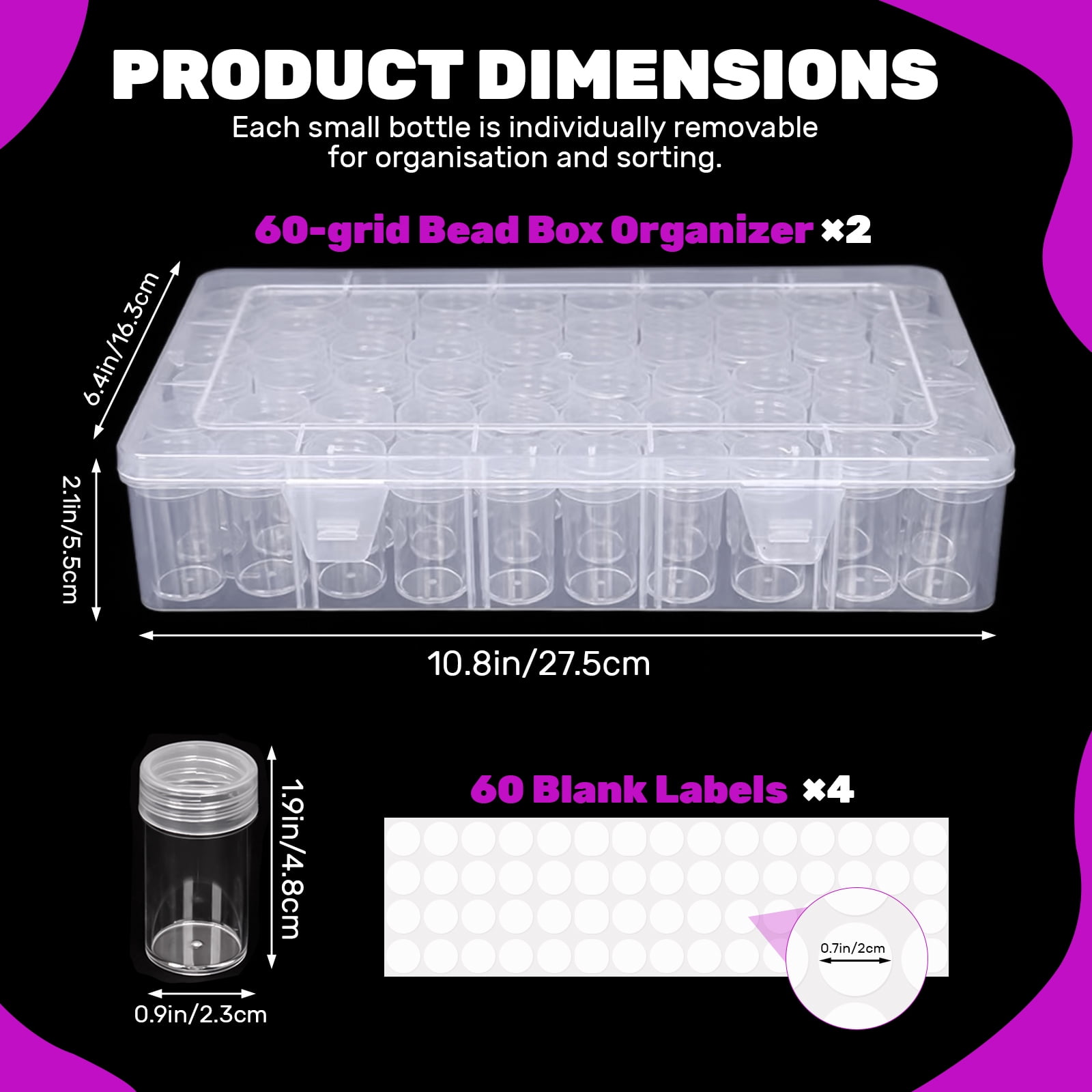 2 Pack 60 Grids Diamond Painting Storage Containers with Label Stickers, Clear Bead Storage Containers Box, Diamond Art Organizer Case for Drill Jewelry Craft Dots DIY Accessories