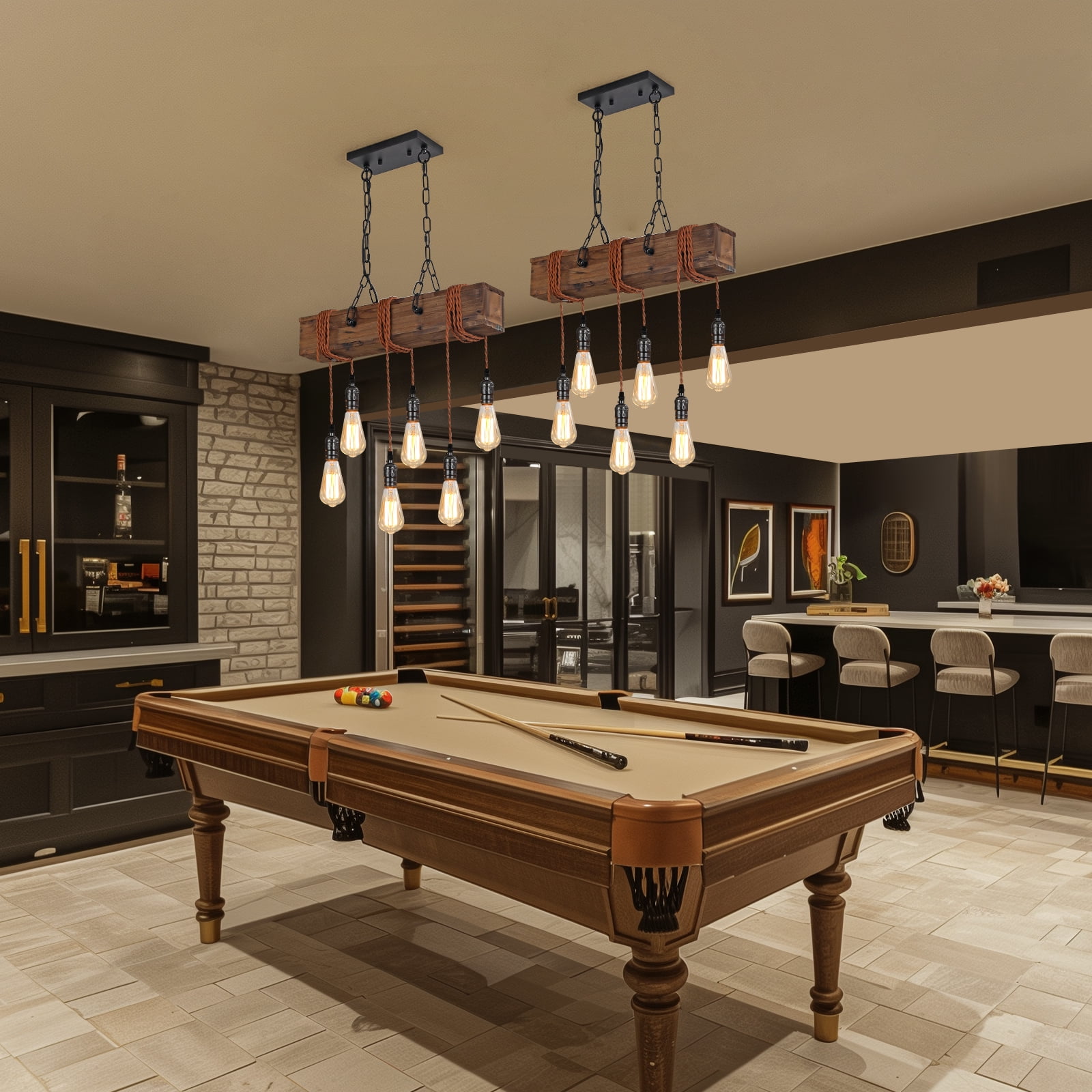 6-Light Farmhouse Chandelier Dining Room Light Fixture Over Table Hanging Wood Kitchen Island Light Fixtures, Black Chandelier Ceiling Pendant Light for Kitchen Island Living Room