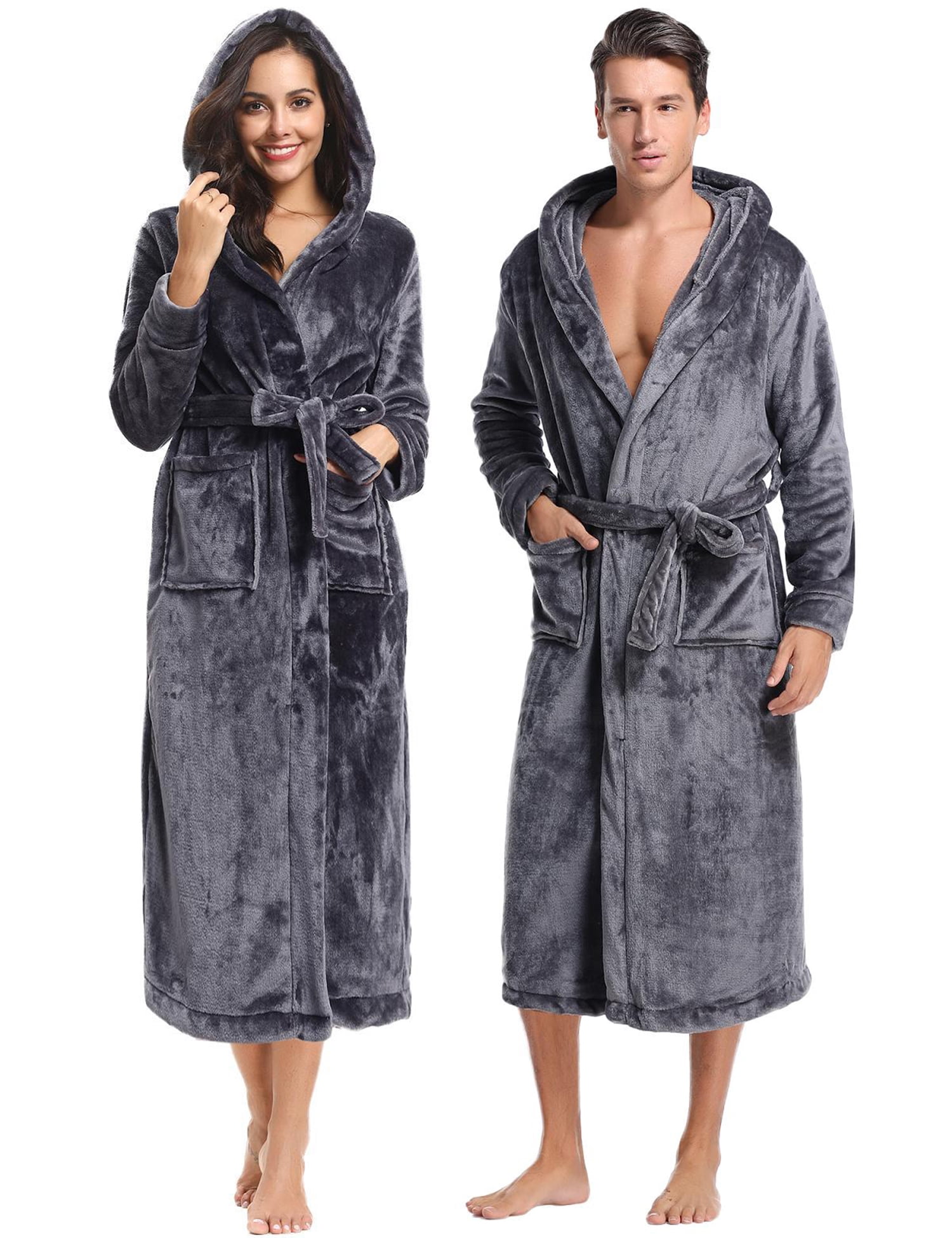Purcoar Robes for Couples Long Hooded Robe Fleece Bathrobe with Pockets ...