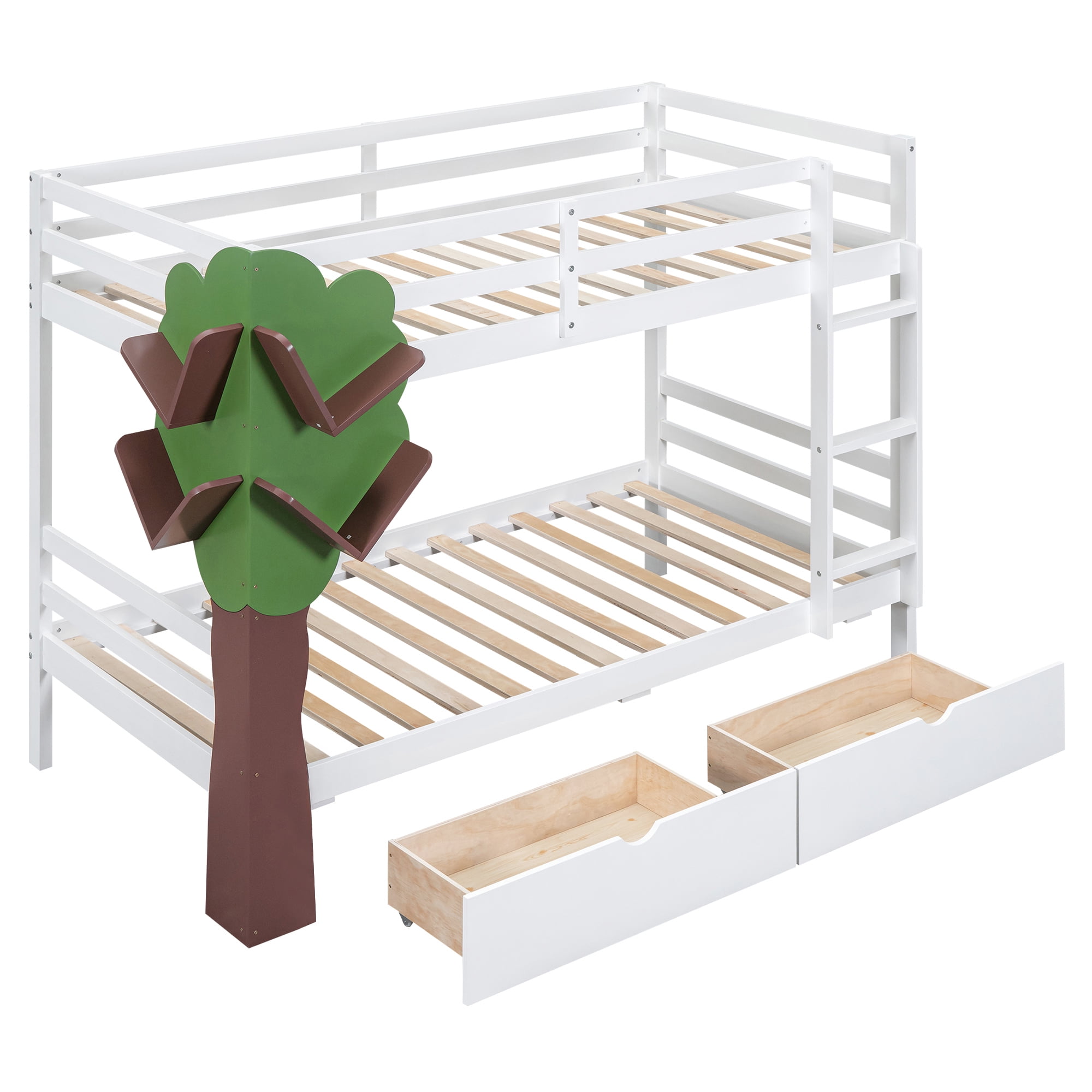 DEALTOPS Twin-Over-Twin Bunk Bed with a Tree Decor and Two Storage Drawers - White