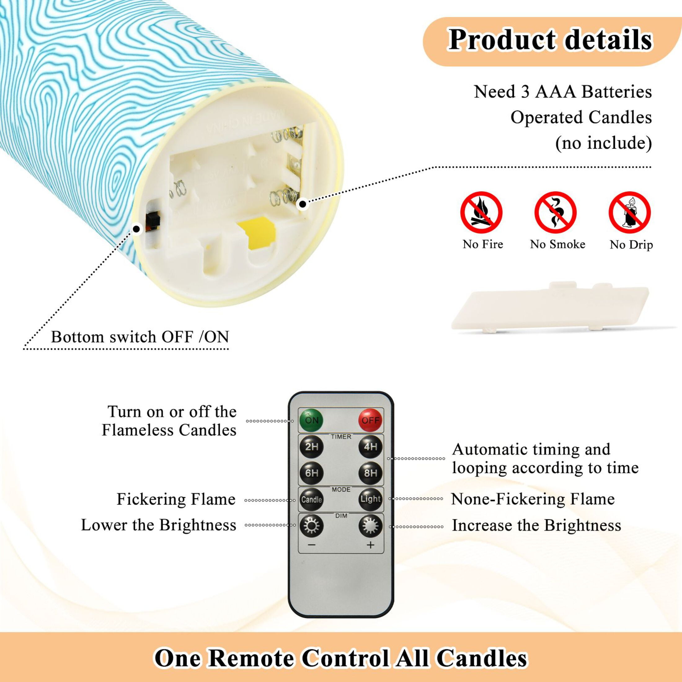 Blue Wave Pattern Flameless Candles 2 PCS with Remote Realistic Moving Flame LED Tapered Pillar Set for Home Decor