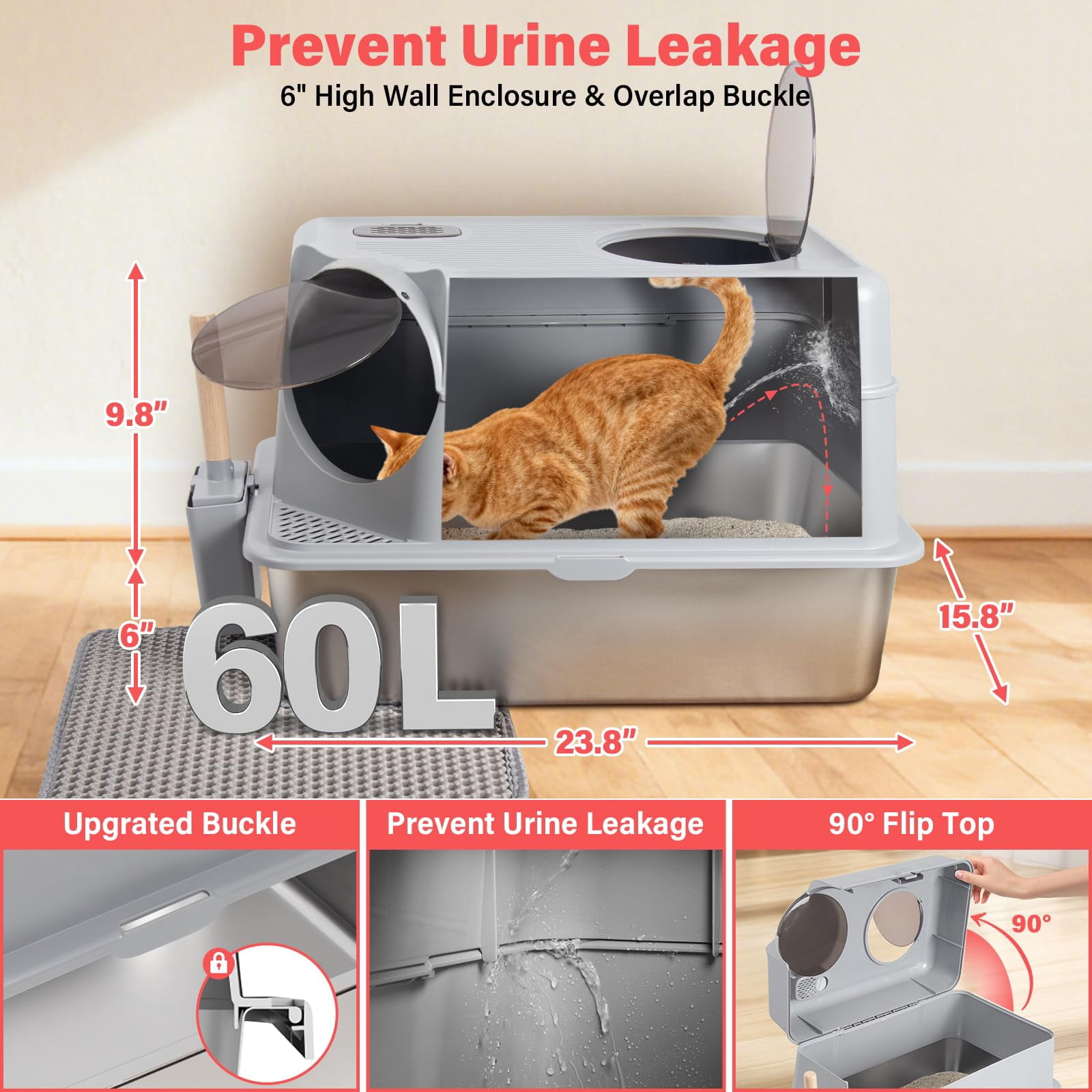Enclosed Stainless Steel Cat Litter Box With Lid  Xl Large Metal Odor-free/anti-leakage & Non-stick/easy Clean High Sided Mat Scoop For Big Cats