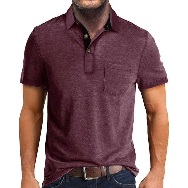 FhsagQ Men's Shirts Men's Shirts Thong Comfortsoft Male Summer and Spring Solid Color Lapel Short Sleeve Button Neck Striped Oversized Shirt Top Men Shirts Tops Blue Brick Red XXL