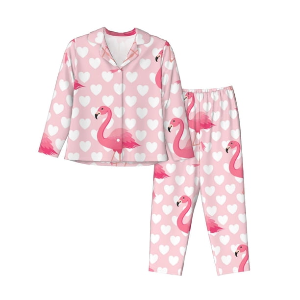 Balery Cute Flamingo with Heart Conjunto de Pijama con Estampado para Mujer, Conjunto de Dos Piezas con Manga Larga, Ropa de Dormir Suave con Bolsillos, Pijamas Cómodos-Small