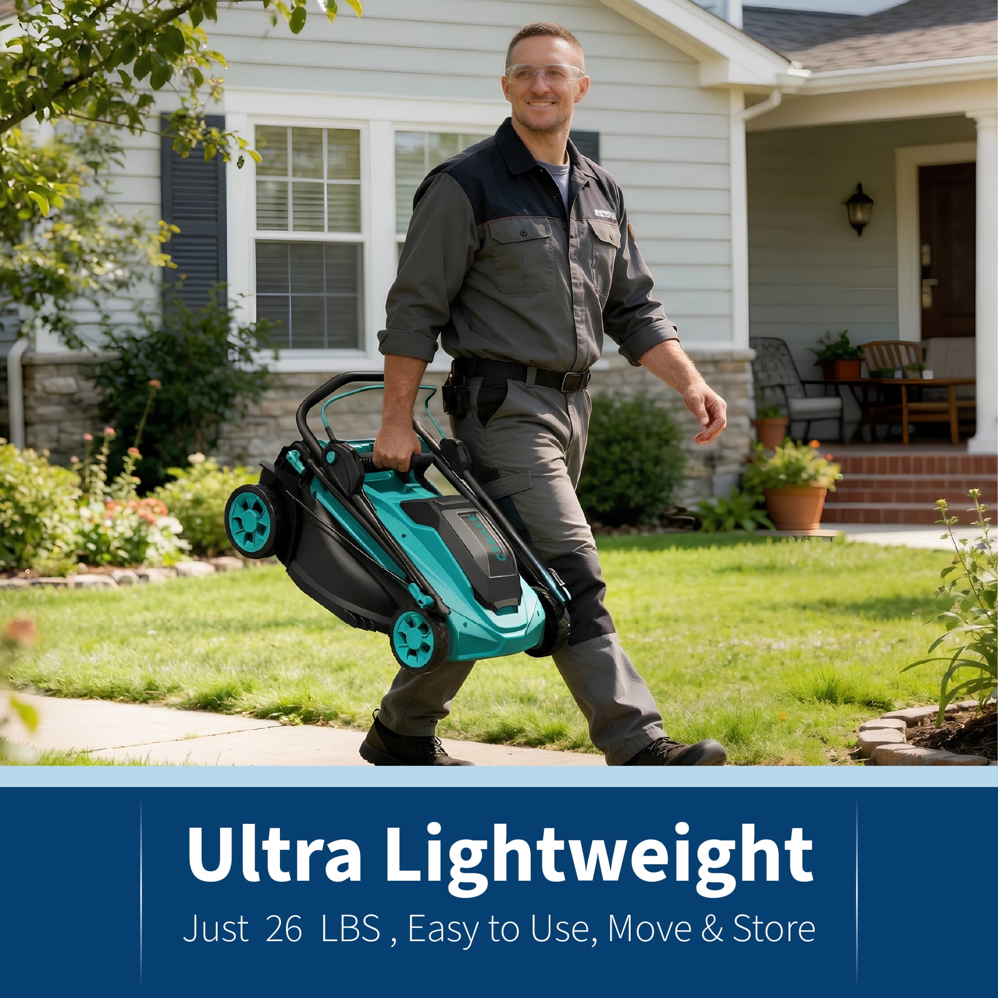 17-Inch Battery Powered Push Lawn Mower with 6-Position Height Adjustment (0.98"–2.95"), 40L Grass Bag, 3300 RPM, Lightweight 30.2 Lbs Electric Lawn Mower for Yard & Ga