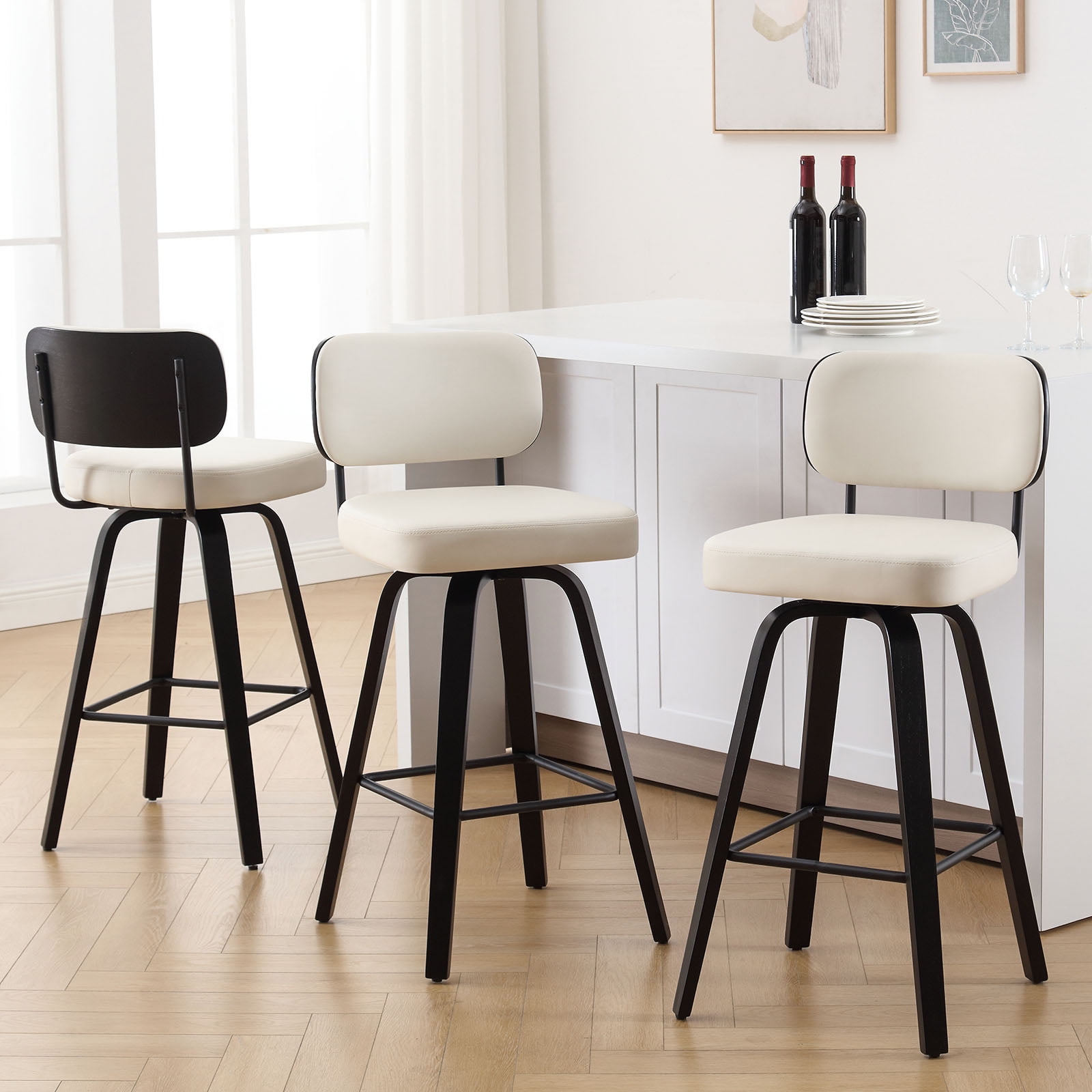Swivel Counter Height Bar Stools, Set of 1, 29" Upholstered PU Leather Barstools with Back Wood Legs, Mid Century Modern Bar Chair Island Stool for Kitchen Counter, Cream White