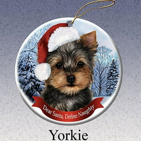 Yorkie Teacup Ornament - Dog in Santa Hat Porcelain Hanging Howliday Ornament (Yorkie)