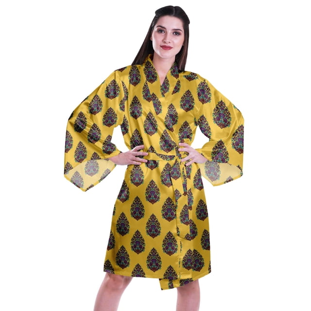 Moomaya Printed Womens Kimono Sleeve Robes Satin Silk Getting Ready Bridal Robe Coverup