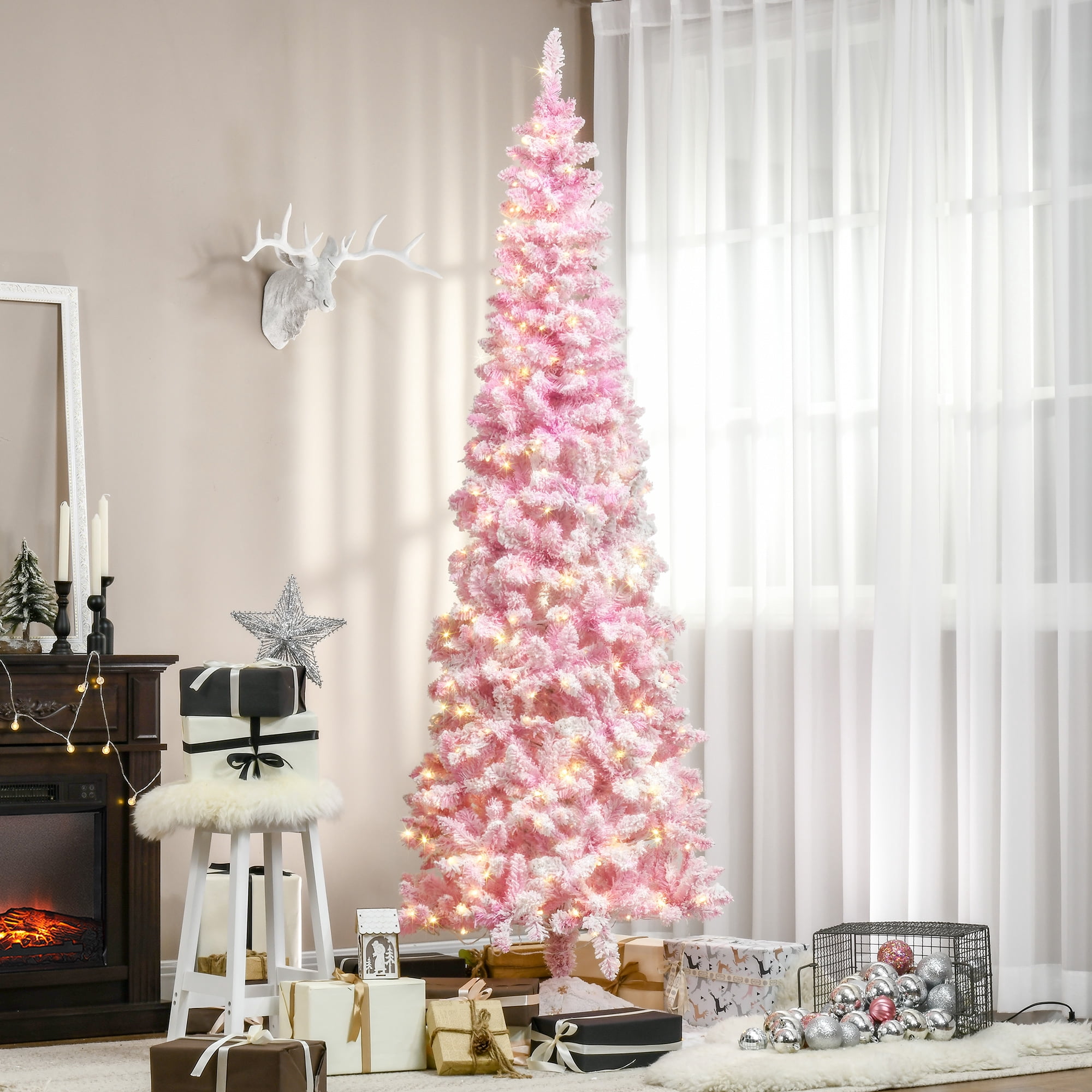 6ft Prelit Pink Snow Flocked Christmas Tree with LED Lights Easy Assembly Indoor Decor