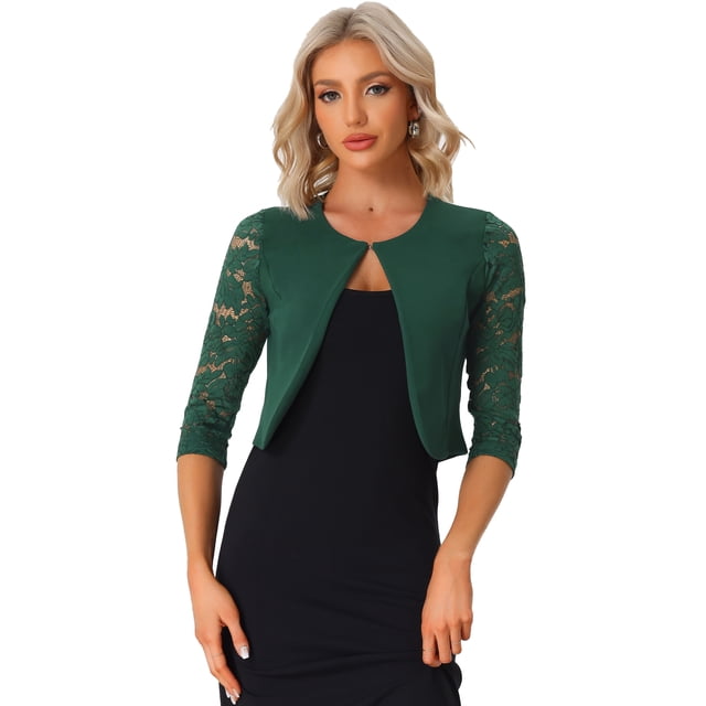 Cárdigans elegantes con cuello redondo y mangas 3/4 de encaje transparente para mujer Verde oscuro M