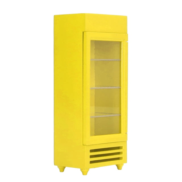Refrigerador vertical para casa de muñecas 1:12, madera de alta simulación, estimula la máquina expendedora de casa de muñecas de color brillante para bricolaje, amarillo