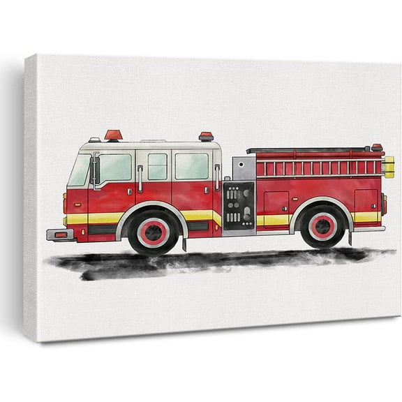 Firetruck Canvas Wall Art Watercolor Transportation Vehicles Fire Engine Canvas Painting Prints for Home Boys Bedroom Nursery Wall Decor Framed Artwork Gifts(12x15 Inch)