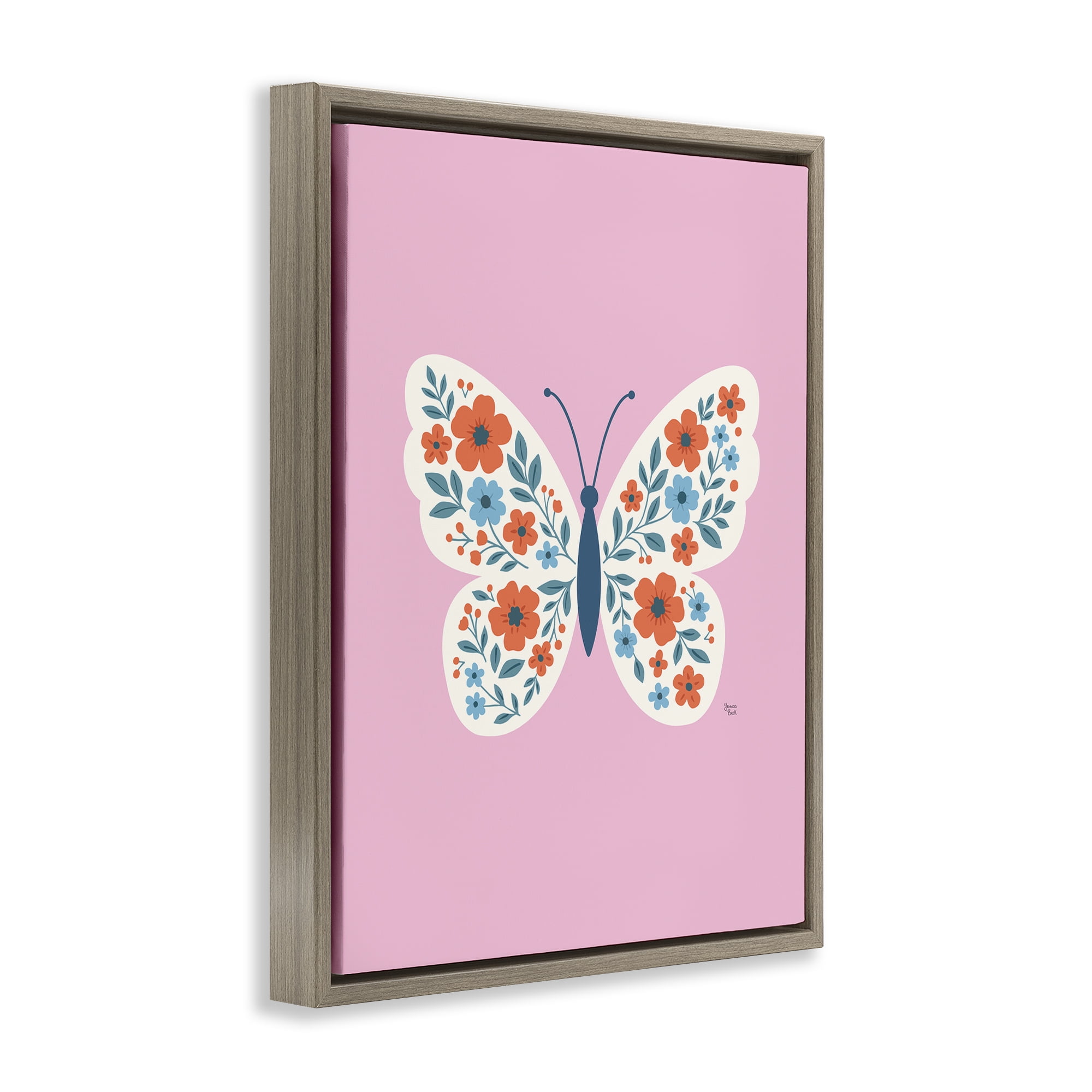 Boho Pink Floral Butterfly Brown Framed Floater Canvas Wall Art, design by Jessica Beck