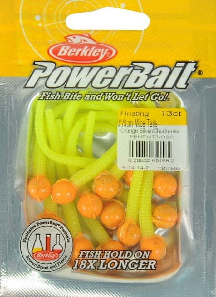 (2 pack) Berkley PowerBait Floating Mice Tails Fishing Bait, Orange Silver/Chartreuse, 3in | 8cm