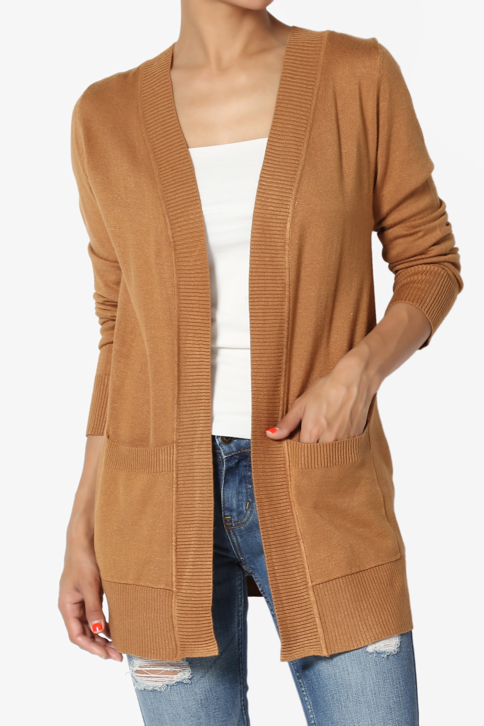 TheMogan Women's S3X Boyfriend Relaxed & Pocket Open Front Knit