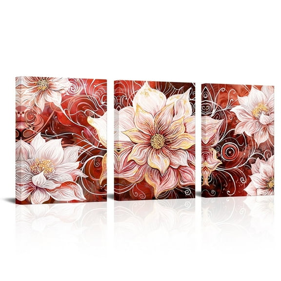 Visual Art Decor 3-Panel Landscape Canvas Art Prints, 12.2" x 12.34" Framed Abstract Blooming Red Floral Painting Prints Vintage Red Gold Artwork for Bathroom Decoration
