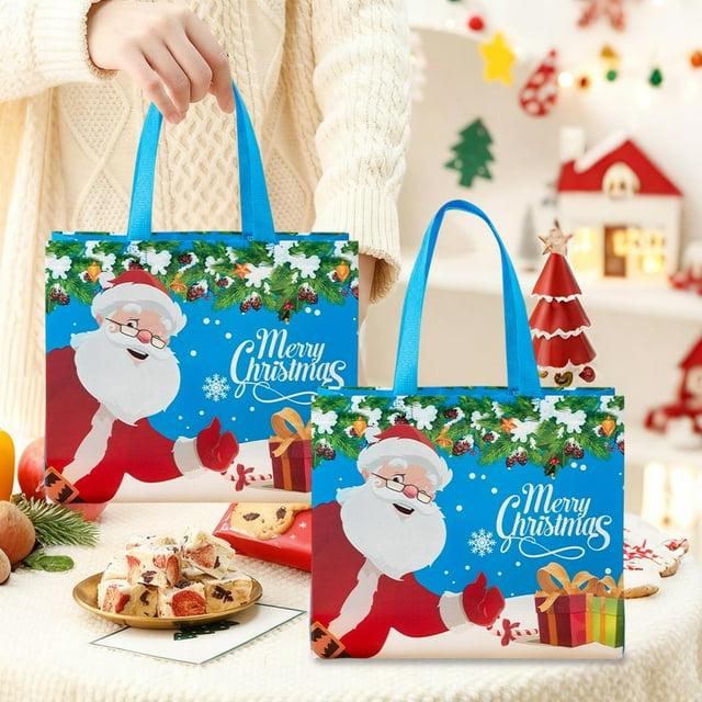 Bolsas de regalo navideñas | Bolsas reutilizables de tela no tejida | Bolsas de tela con asas y estampados navideños | Paquete de 5 bolsas de regalo navideñas rojas y azules