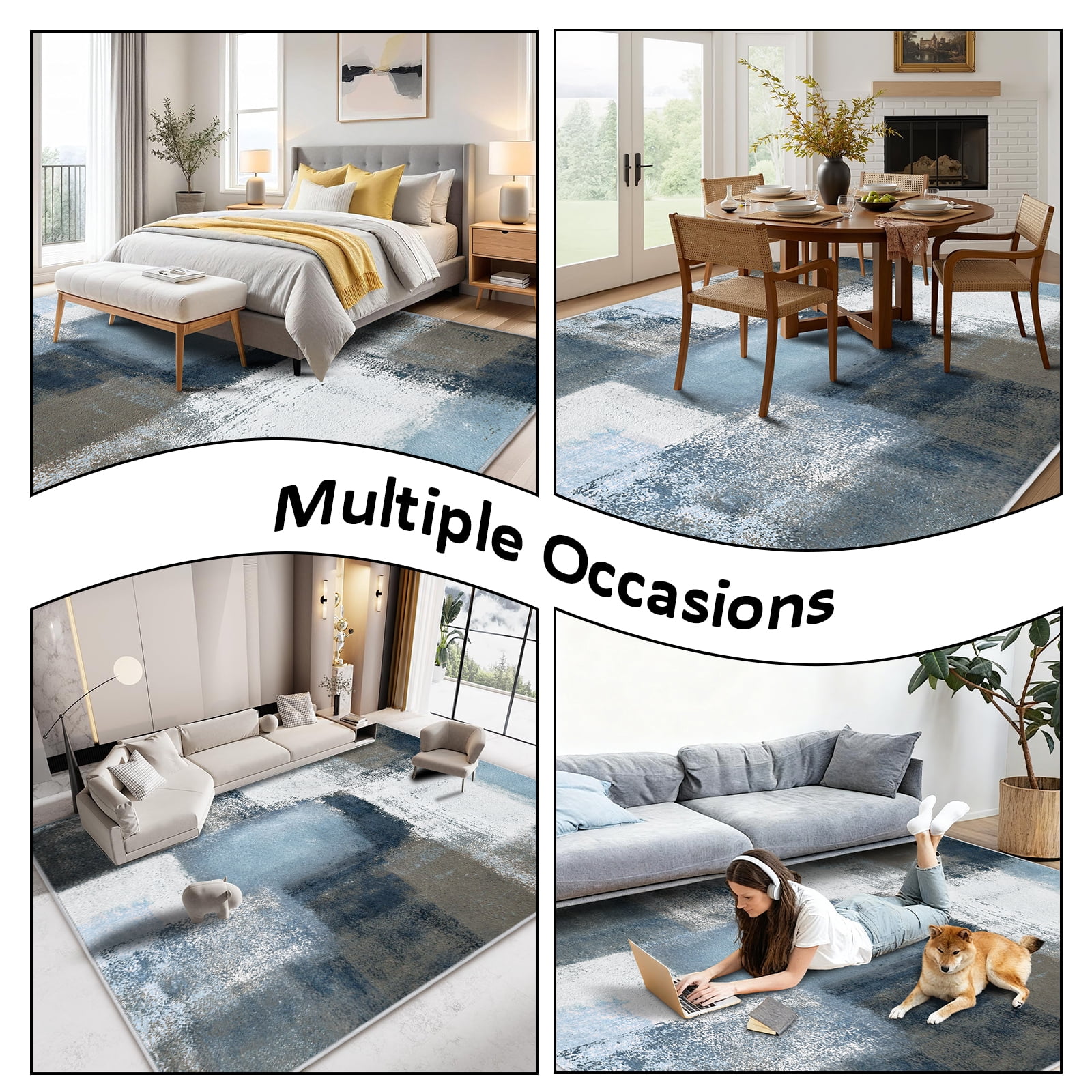 Bleum Cade Modern Abstract Area Rug 5x7,Large Rugs for Living Room, Machine Washable Rug Indoor Rugs for Bedroom, Non-Slip Low-Pile Soft Carpet for Bedroom, Dining Room Office,Blue